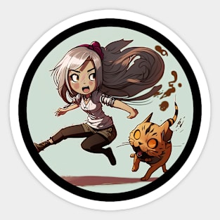 Chibi Girl and Her Cat (round) Sticker